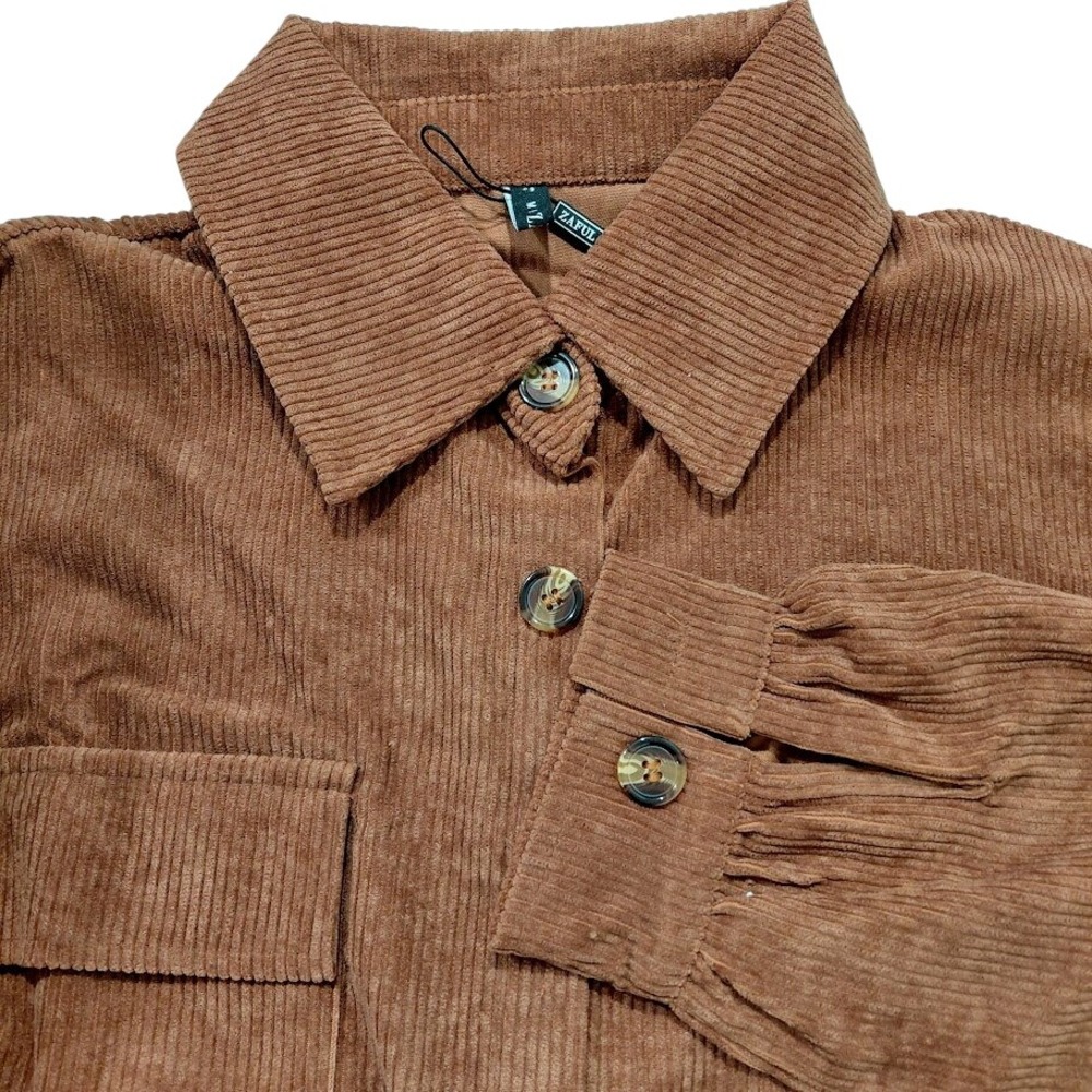 Zaful Corduroy Button Down Shirt Jacket Brown Long Sleeve Pocket Detail Womens M